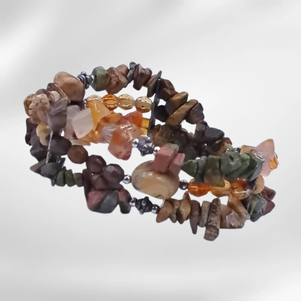 Earth Tone Stone Chip Multi-Strand Stretch Bracelet | Boho Natural Look